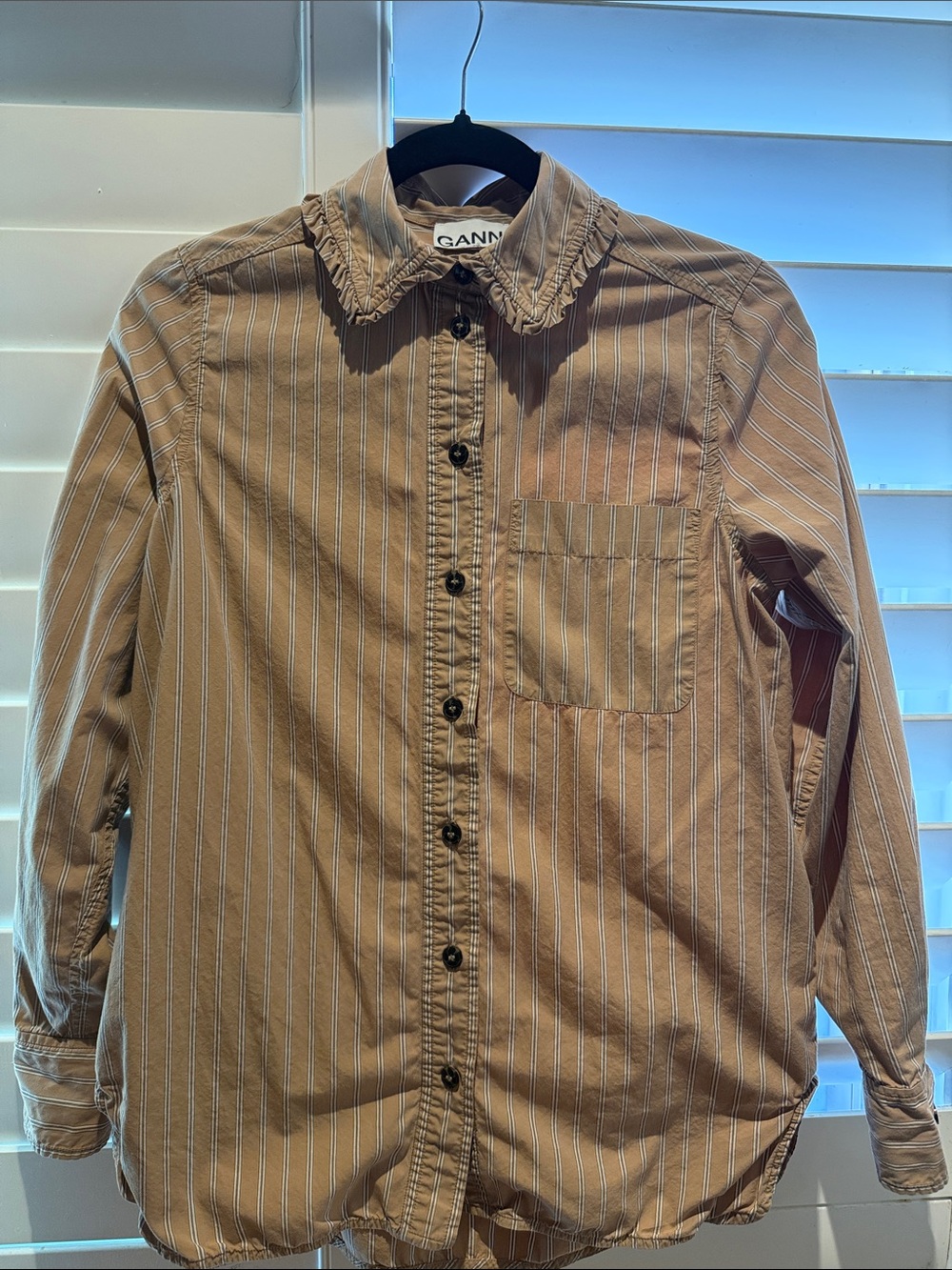 Ganni Tan and White Striped Button-Down Shirt